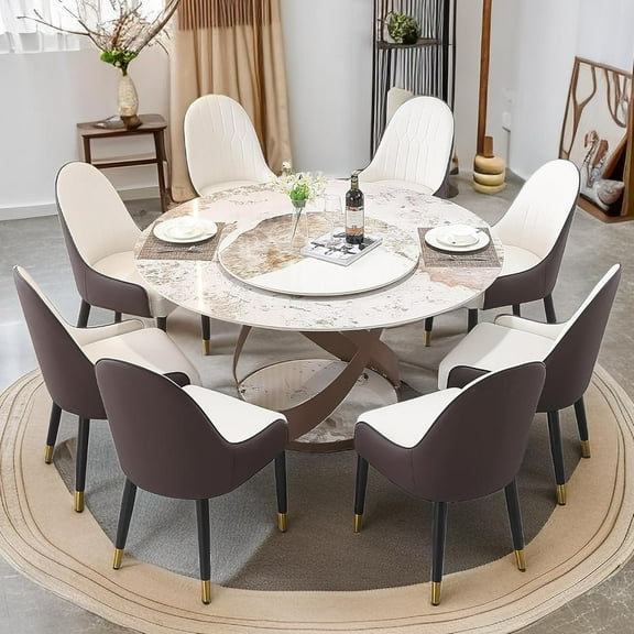 59" Round Sintered Stone Dining Set w/ Lazy Susan & 8 Chairs | Carbon Steel Base & Marble Design | 9-PC for Home/Kitchen