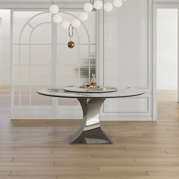 59" Round Sintered Stone Dining Table with Black Titanium Stainless Steel Hourglass Base - Modern Marble-Look Table for 4-6, Scratch & Heat Resistant Surface