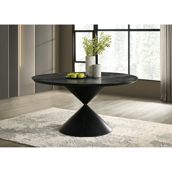 59" Round Table With Ebony Color, Base, Solid Wood + , Natural Veneer Texture