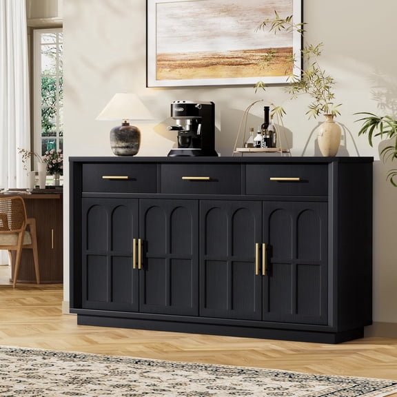 59" Sideboard Buffet Cabinet, 3 Drawers, 4 Doors, Black | Modern Coffee Bar Cabinet with Gold Handles, Long Sideboard Buffet Table for kitchen