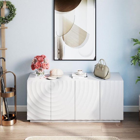 59'' Sideboard Buffet Cabinet, 4 Doors Wood Kitchen Storage Cabinet Sideboard with Water Ripple Doors & Suspended Base, 2 Tiers Mid Century Modern TV Stand for Living Dining Room, White