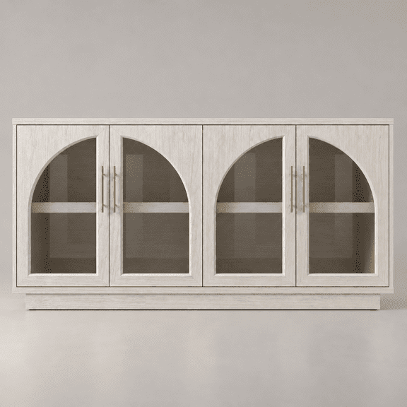 59" Sideboard Buffet Cabinet with Arched Glass Doors, Modern Wood Credenza with Adjustable Shelves, 4-Door TV Console for Living Room, Dining Room & Kitchen,White Wood Grain