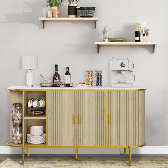 59" Sideboard Buffet Cabinet with Storage, Fluted Console Cabinet with Metal Legs, Faux Marble Top, Mid Century Modern Cabinets for Dining Room, Living Room, Entryway, Oak