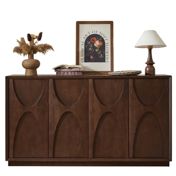 LKTART Sideboard Buffet Cabinet Mid-Century Modern Sculpted Door Design, Adjustable Shelves, 59 Inch, Walnut