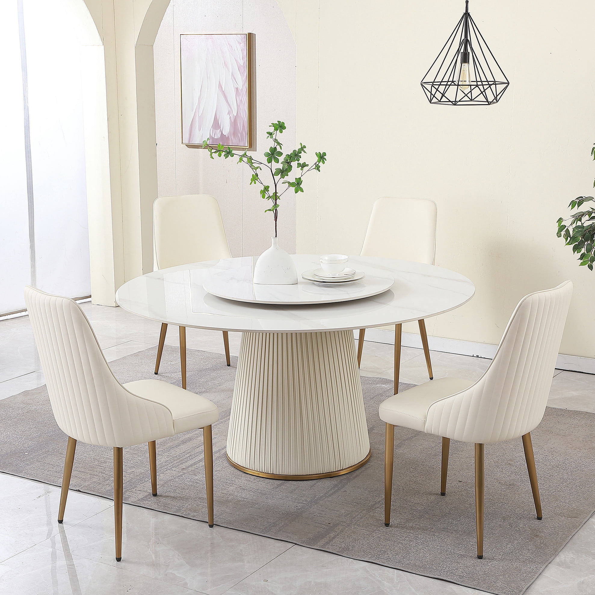 59" Sintered Stone Dining Table Featuring 31.5" Rotating Turntable And 4 Cozy Seats In Beige Stylish With Round Turning Delicate Chairs Beige & White