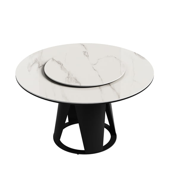 59'' Sintered Stone Table For 6-8, 35.4" Rotatable Disk, Metal Stand, , White, Dining Room Contemporary Table, Round Turntable, Base, To Contraction, White 6-8