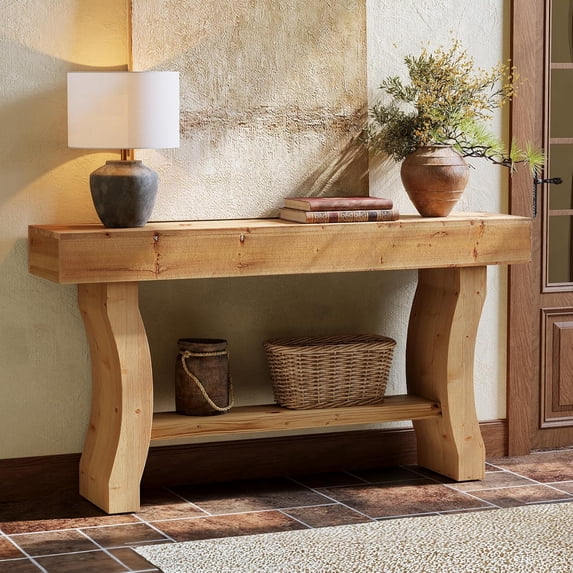 59" Solid Wood Console Table, Farmhouse Entryway Sofa Table with Curved Legs, Long Narrow Accent Table for Hallway, Living Room, Foyer, Natural Finish