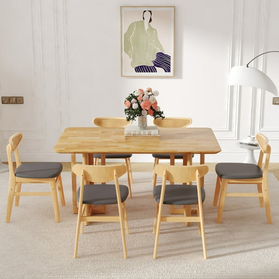 59" Solid Wood Dining Table Set for 6, Farmhouse Retro Style