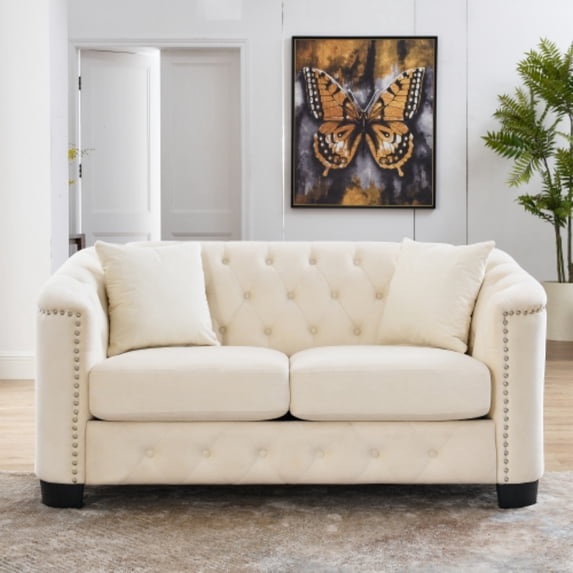 59" Solid-Wood Mid-Century Modern Sofa, Mid-Century Modern Couch with Removable Cushions, Loveseat Sofa Couch with Foam Filling for Living & Office Spaces, Beige