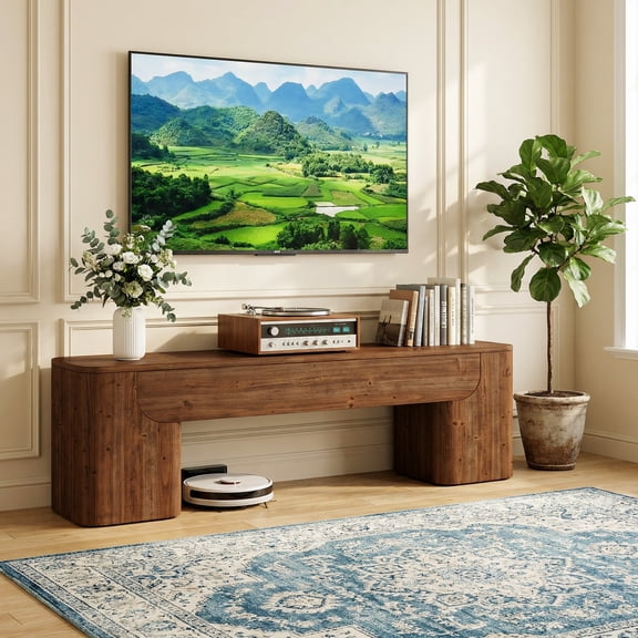59" Solid Wood TV Console for 5575" TVs, Rustic Heavy-Duty Media Stand with Sturdy Base for Living Room & Bedroom