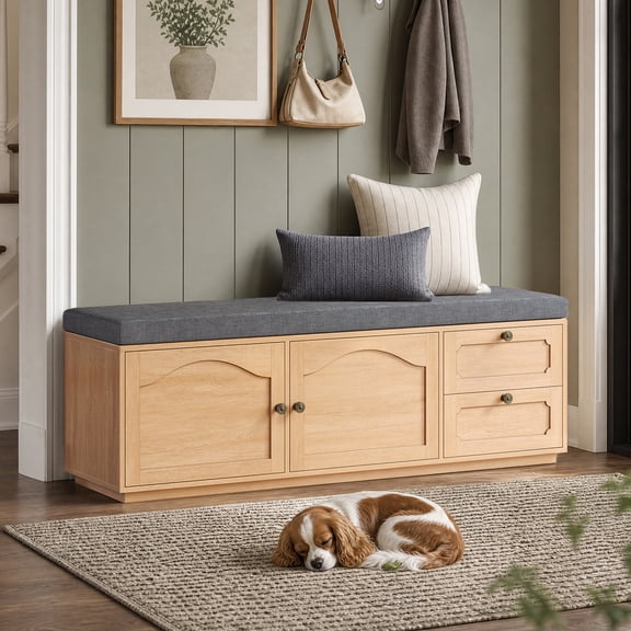 59" Storage Bench with Drawer, 2-Tier Shoe Bench with Doors and Adjustable Shelf, Long Entryway Bench with Thickened Cushion for Bedroom, Living Room, Natural