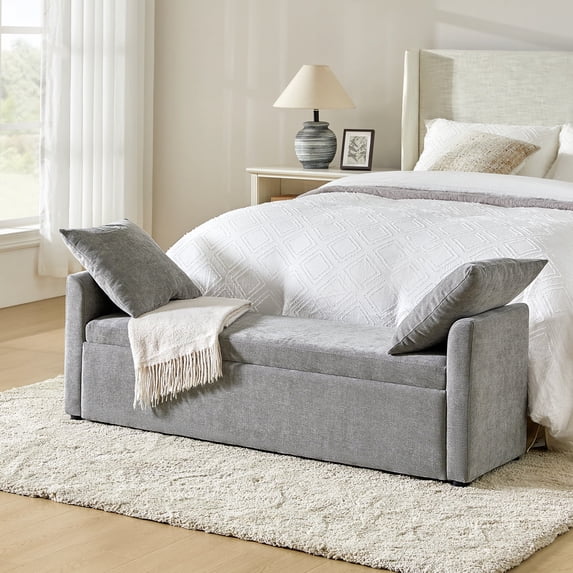59" Storage Bench Upholstered Bed End Foot Stool 2 Throw Pillows Bedroom Entryway Home Living Room Grey