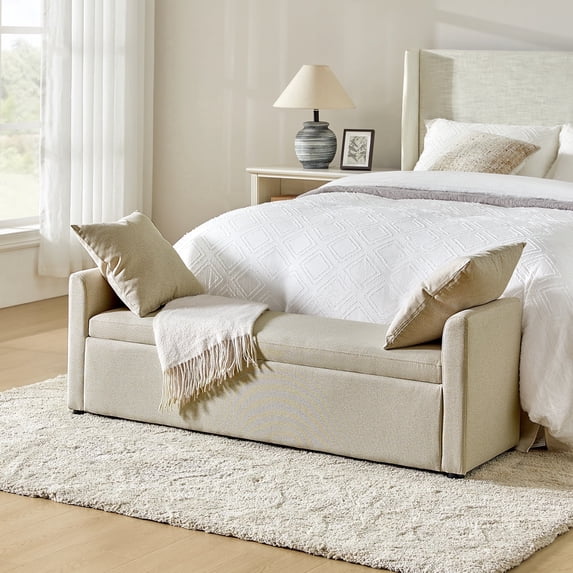 Tina's Home 59" Storage Bench Upholstered Bed End Foot Stool 2 Throw Pillows Bedroom Entryway Living Room Beige