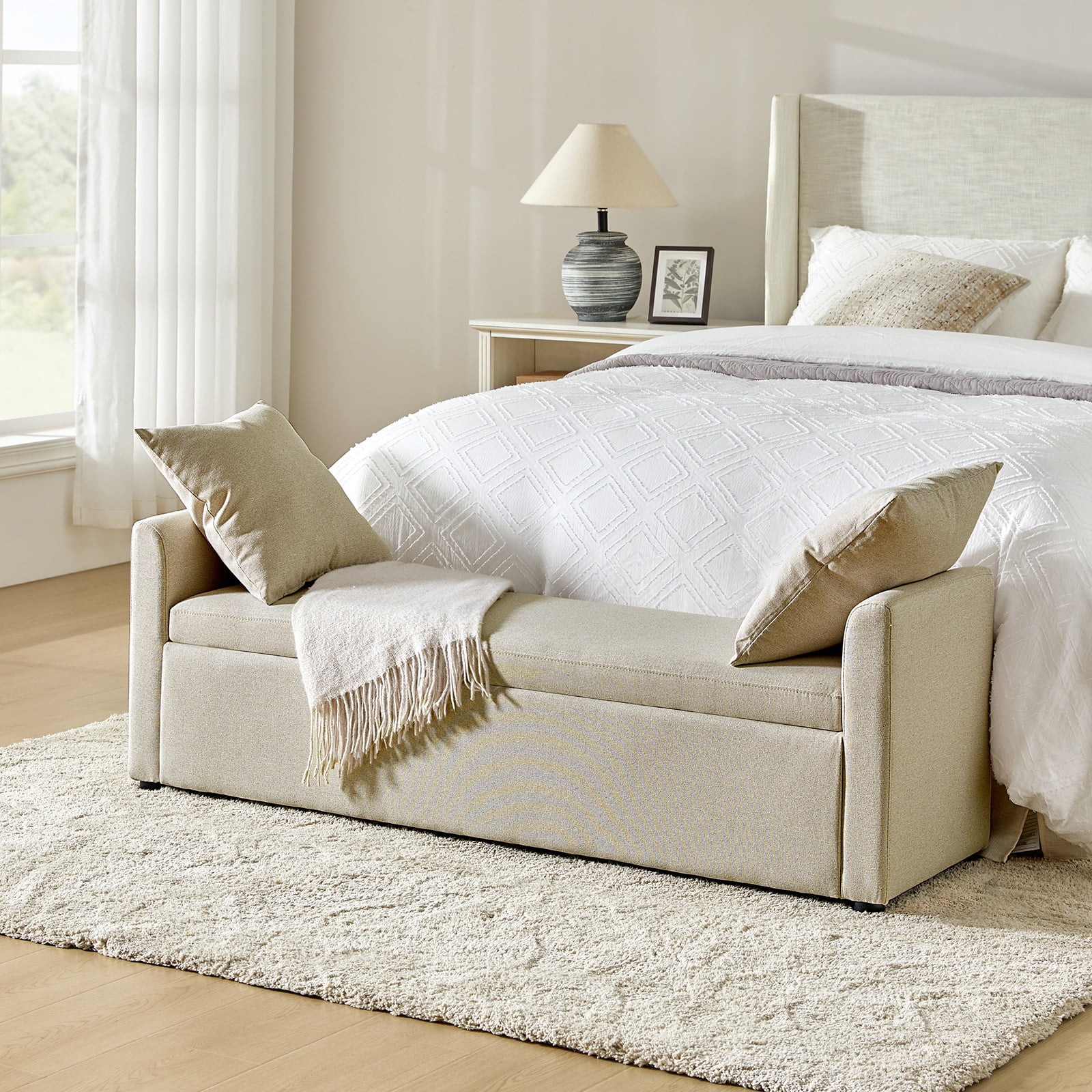 59 Storage Bench Upholstered Bed End Foot Stool 2 Throw Pillows Bedroom Entryway Living Room Beige