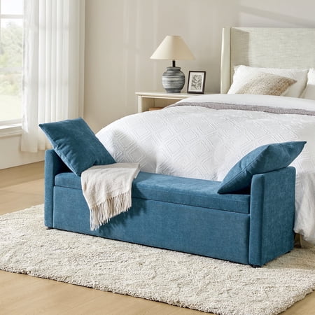 Tina's Home 59" Storage Bench Upholstered Bed End Foot Stool 2 Throw Pillows Bedroom Entryway Living Room Teal