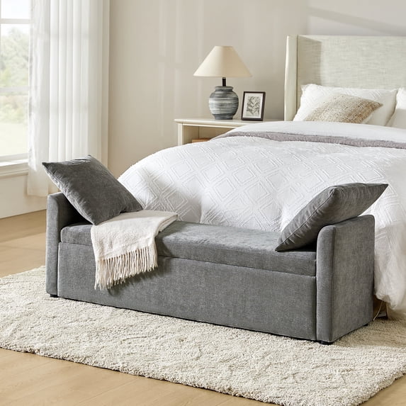 59" Storage Bench Upholstered Bed Sturdy End Foot Stool 2 Throw Pillows Bedroom Entryway Living Room Charcoal