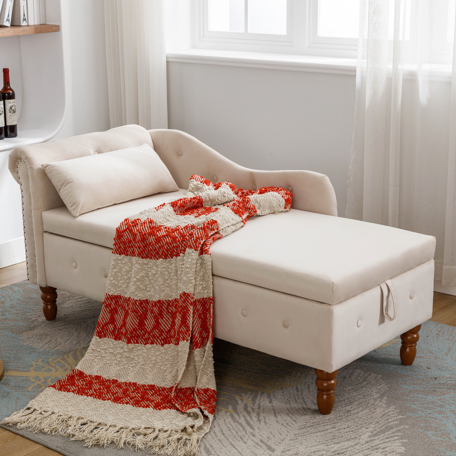 59" Storage Chaise Lounge with Pillow for Sleeping, Velvet Lounge Chair