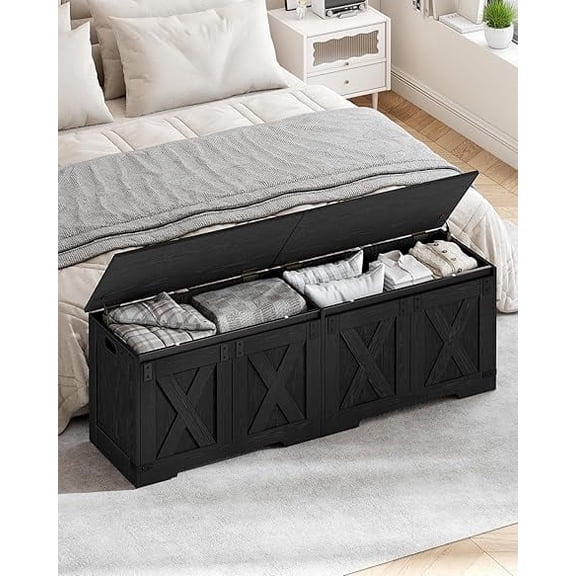 59" Storage Chest, Large Storage Trunk with 2 Hinges, Farmhouse Wooden Box Bench, Lift-Top Organizer Chest, Entryway Trunk for Bedroom, Living Room, Black