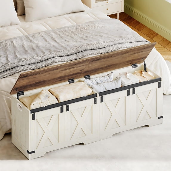 Hzuaneri 59" Extra Large Storage Chest, Storage Bench with Lift Top, 2 Safety Hinges, Shoe BenchToy Chest with Wooden Seat for Entryway, Bedroom, Living Room, White Brown