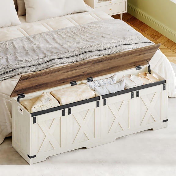 Hzuaneri 59" Extra Large Storage Chest, Storage Bench with Lift Top, 2 Safety Hinges, Shoe BenchToy Chest with Wooden Seat for Entryway, Bedroom, Living Room, White Brown