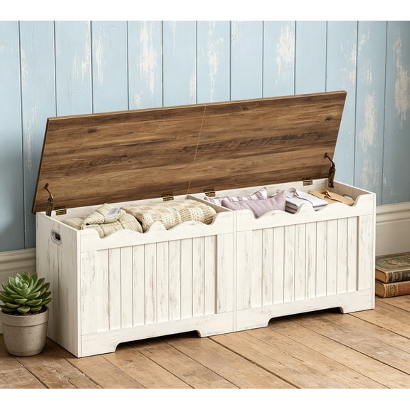 59" Storage Chest, Storage Bench Trunk with 2 Hinges, Wooden Box, Lift-Top Chest Organizer, Shoe Bench for Entryway, Bedroom, Living Room, Rustic White