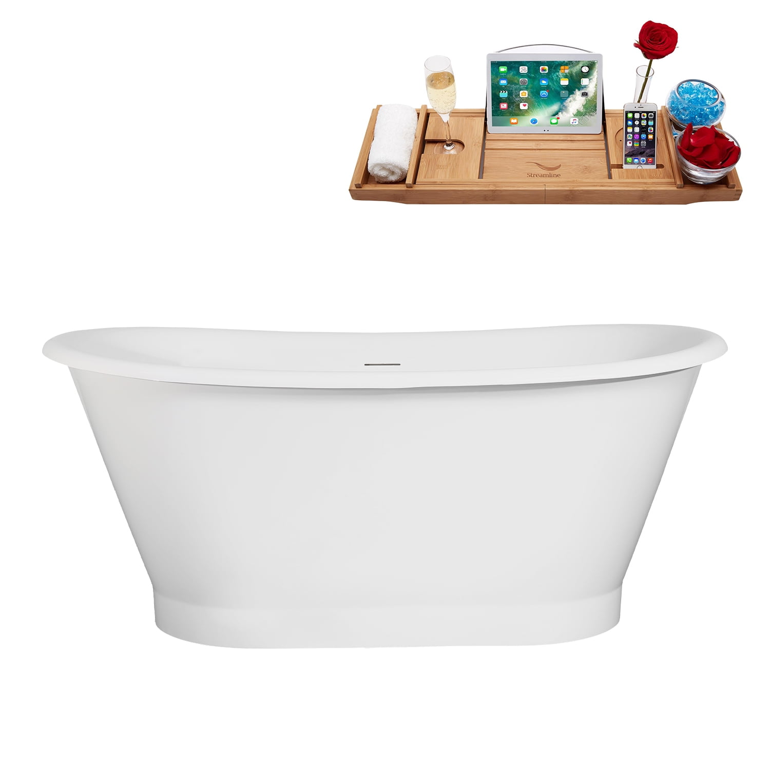 59" Glossy White Acrylic Freestanding Slipper Tub with Matte Black Trim