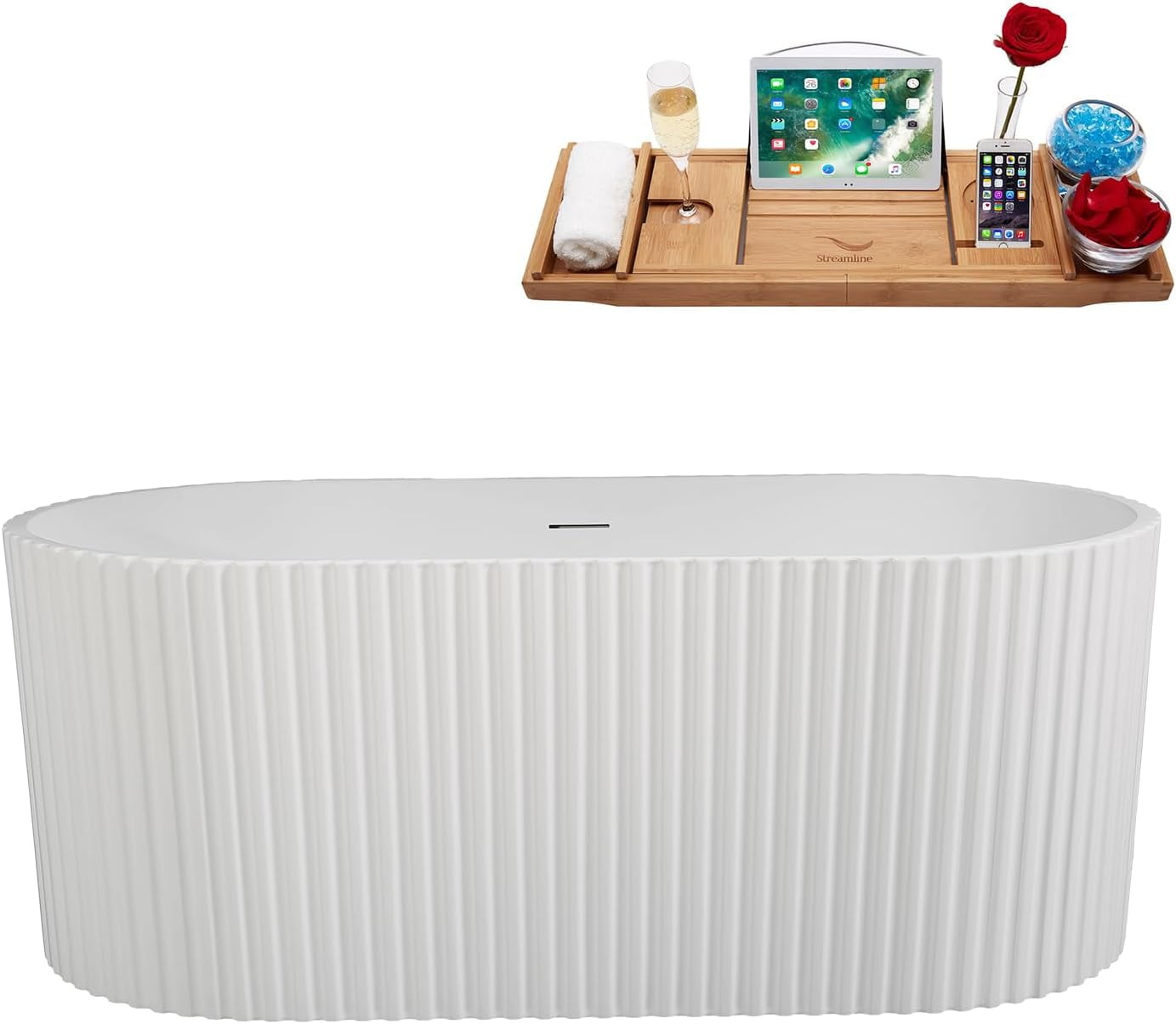 59" Glossy White Acrylic Freestanding Soaking Bathtub with Bamboo Tray