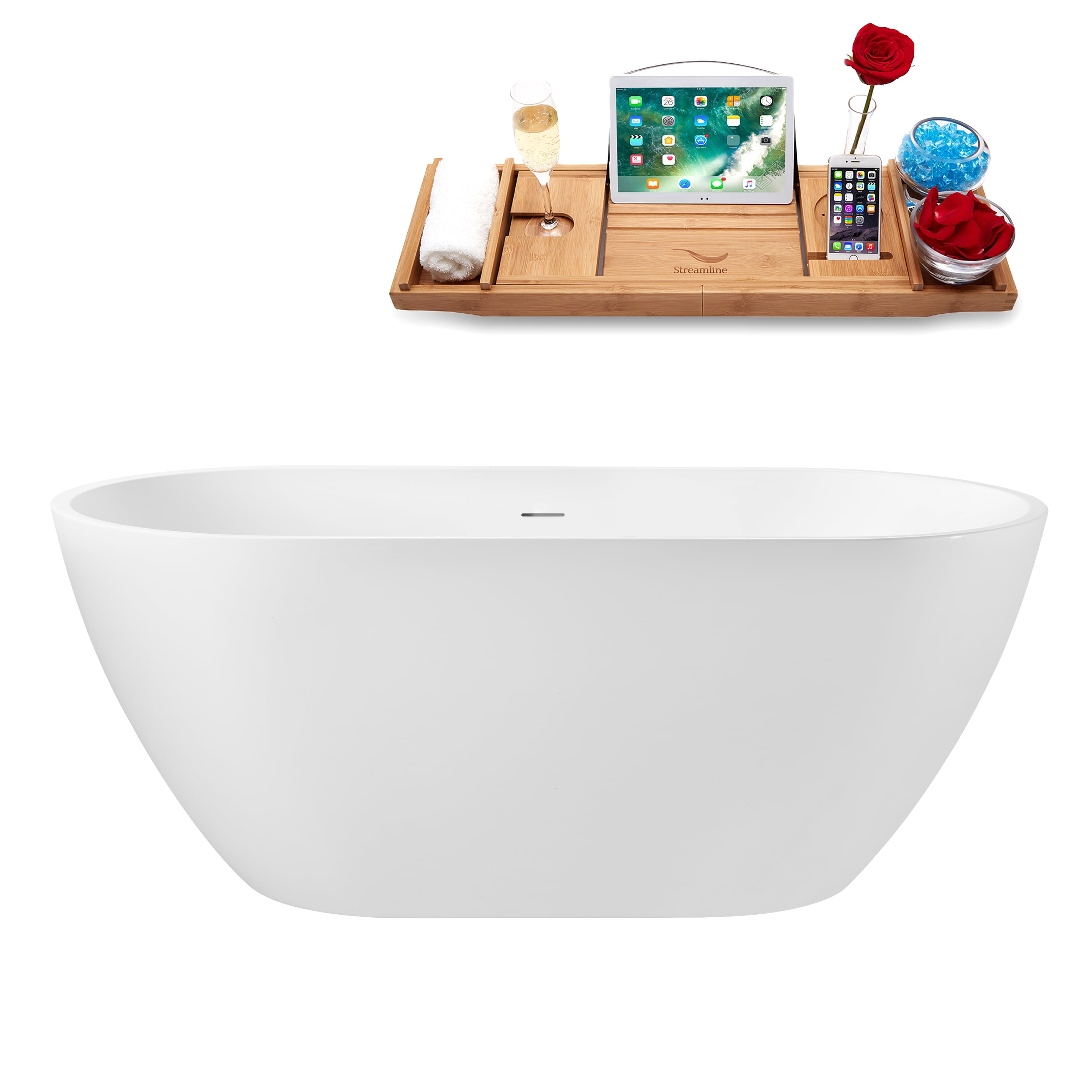 59" Streamline G-84-324-BNK Soaking Glossy White Freestanding Tub and Tray With Internal Drain in Brushed Nickel