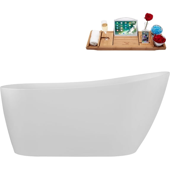 59" Streamline G-93-351-BBR Soaking Glossy White Freestanding Tub and Tray With Internal Drain in Brushed Brass
