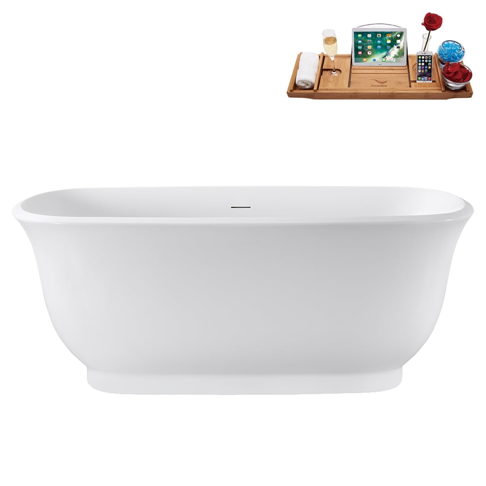 59" Streamline G-94-354-BGL Soaking Glossy White Freestanding Tub and Tray With Internal Drain in Brushed Gold