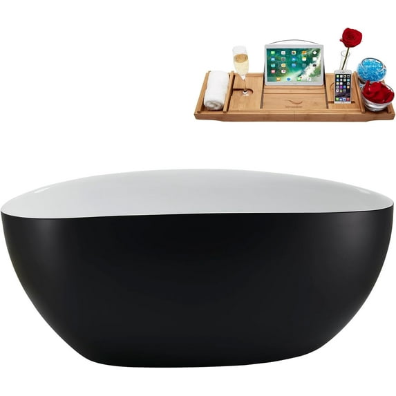 59" Streamline N1682WH Matte Black Soaking Freestanding Tub and Tray With Internal Drain in Glossy White