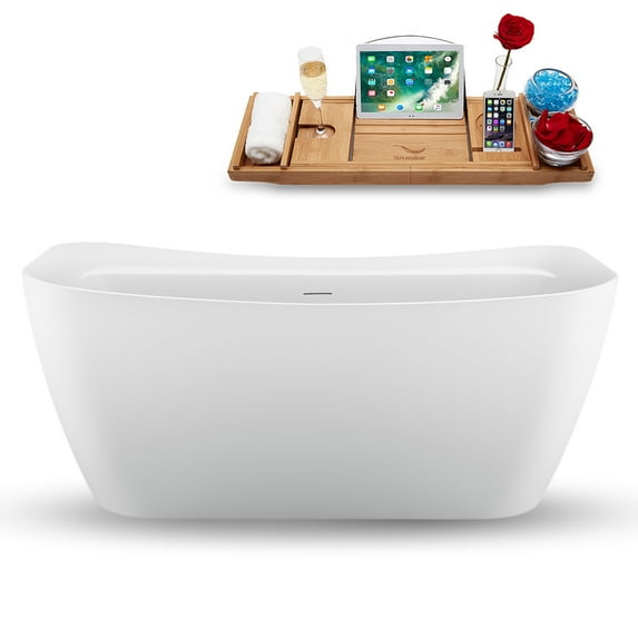 59" Streamline N1720PBR Soaking Freestanding Tub and Tray with Internal Drain in Polished Brass