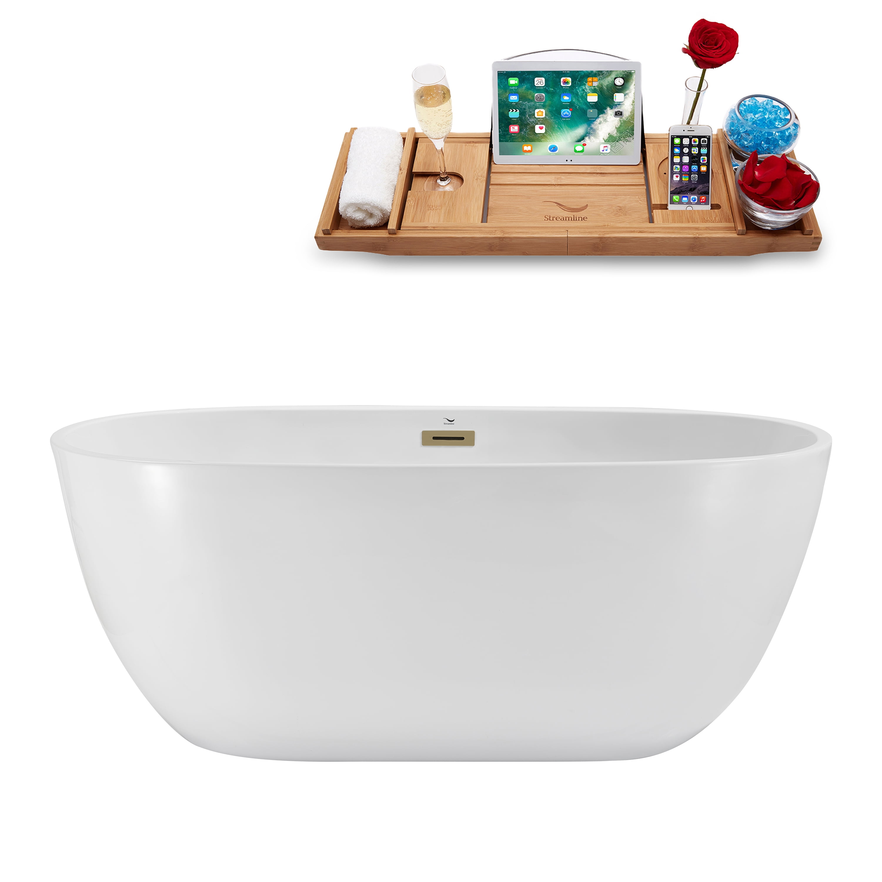 Glossy White Acrylic Freestanding Soaking Bathtub with Polished Gold Trim