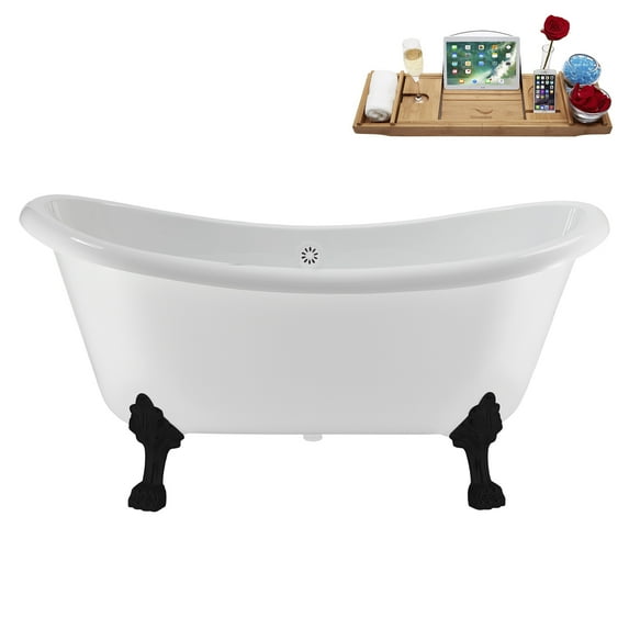 59" Streamline N4880BL-WH Soaking Clawfoot Tub and Tray With External Drain in Glossy White and Matte Black Clawfeet