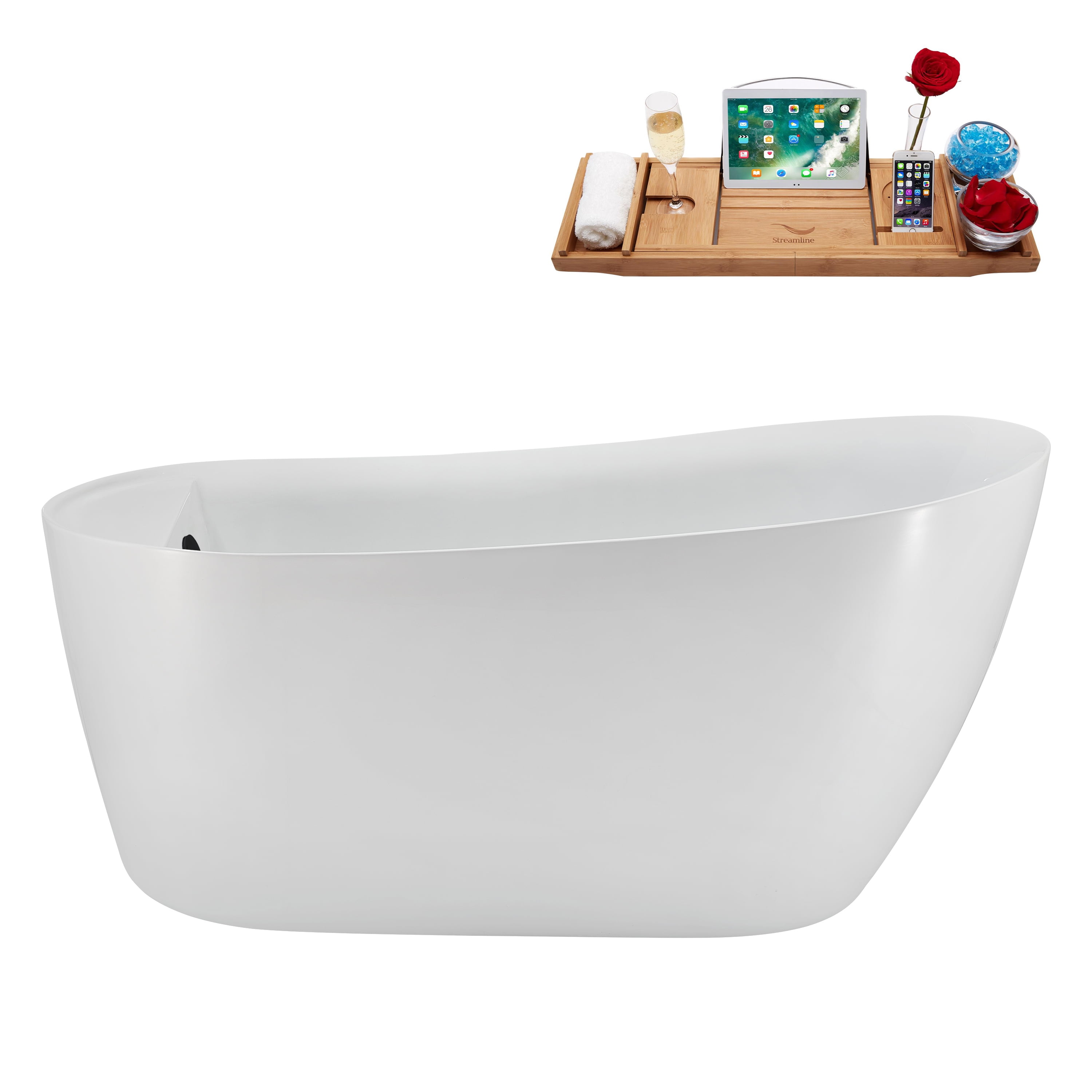 59" Glossy White Acrylic Freestanding Soaking Bathtub with Matte Black Trim