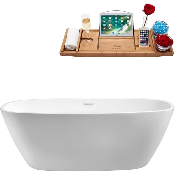 59" Streamline N700WH Soaking Freestanding Tub and Tray With Internal Drain