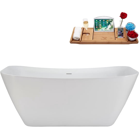 59" Streamline NB6300BGL Soaking Glossy White Freestanding Tub and Tray With Internal Drain in Brushed Gold