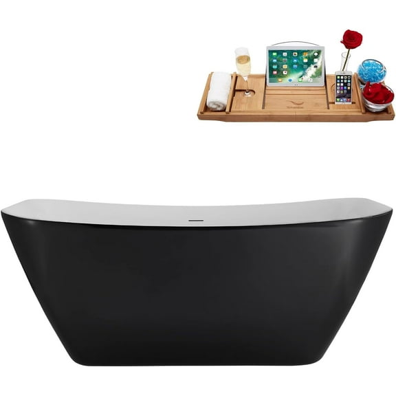 59" Streamline NB6920BGL Soaking Glossy Black Freestanding Tub and Tray With Internal Drain in Brushed Gold