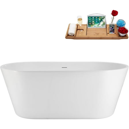 59" Streamline NB7000WH Soaking Glossy White Freestanding Tub With Internal Drain in Glossy White