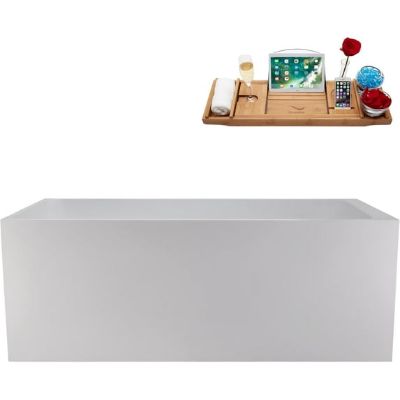 59" Streamline NS5880CH Soaking Matte White Stone Resin Freestanding Tub and Tray With Internal Drain in Polished Chrome