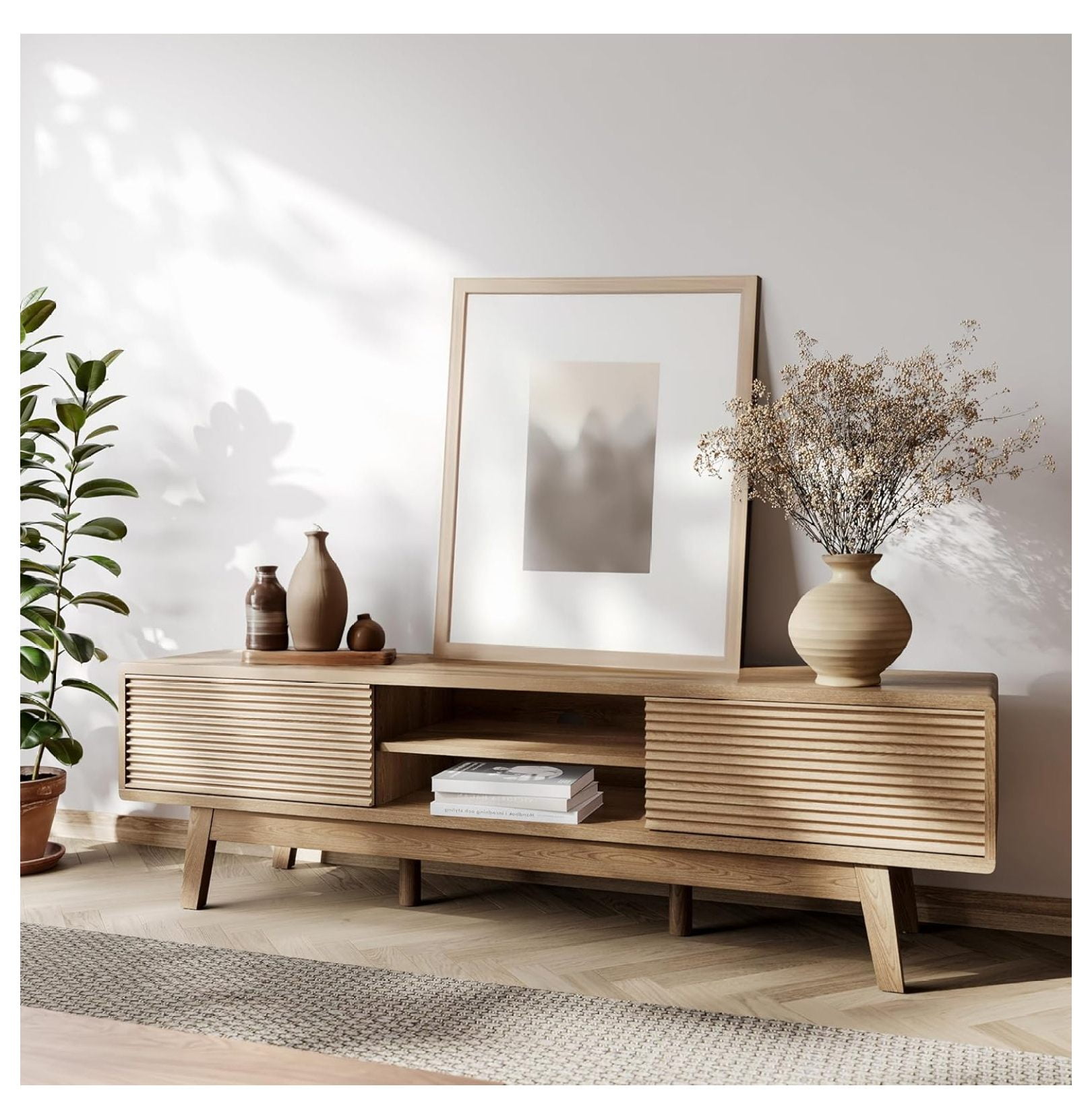 59" TV Console, Century Modern Media Console for 55/60/65 Inch TV, Low Profile TV Stand with Fluted Sliding Doors, Boho Light Wood Credenza for Living Room, Oak