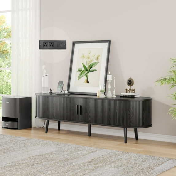 59" TV Stand with Charging Station and Drawers fit 40"- 65" TVs. Mid century Modern TV Stand, Wood Entertainment Center for Living Room and Bedroom, Media Console and Modern TV Console Table ,Walnut