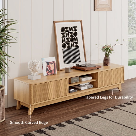 59" TV Stand for Living Room, Mid Century Modern Entertainment Center for 55/60/65 Inch TV, Media Console with Fluted Sliding Doors and Sturdy Box Frame Leg, Natural Oak