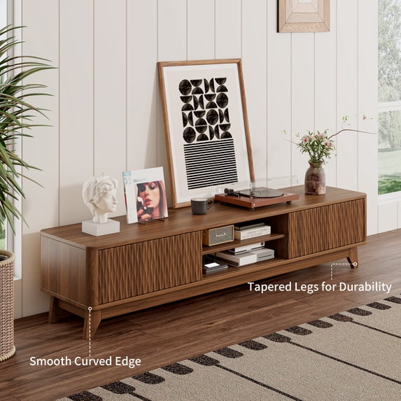 59" TV Stand for Living Room, Mid Century Modern Entertainment Center for 55/60/65 Inch TV, Media Console with Fluted Sliding Doors and Sturdy Box Frame Leg, Walnut