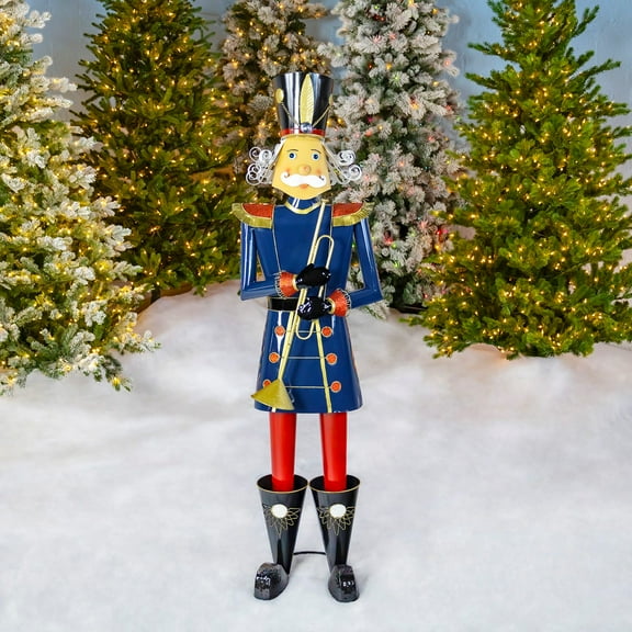 59" Tall Iron Christmas Blue Nutcracker Holding Trumpet "Harold"