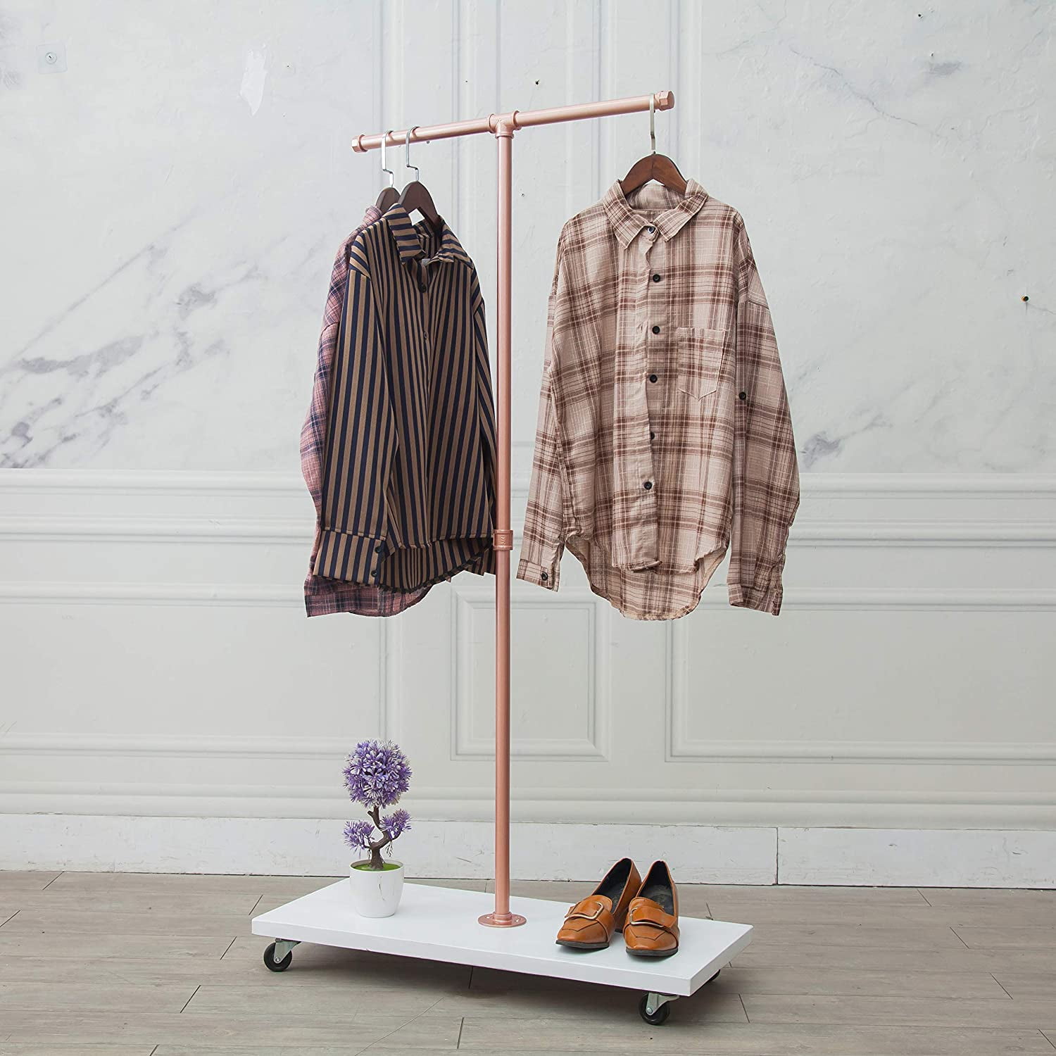 59"Tall,Rose Gold, Industrial Pipe Coat Rack Stand,Rolling garment Rack