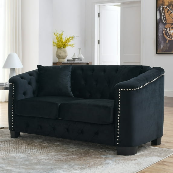 59" Velvet Loveseat Sofa Couch for Living Room, Modern Chesterfield Sofa 2-Seater Couch, Upholstered Tufted Backrests with Nailhead Arms and 2 Cushions for Apartment Office,Black