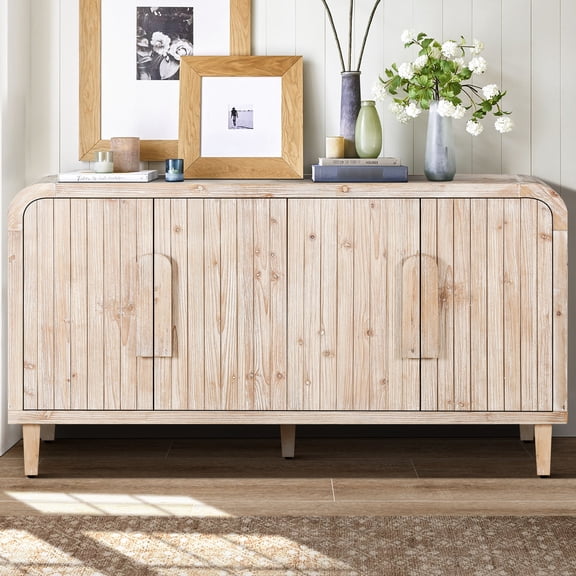 59'' Vintage Curved Sideboard With Large Wooden Handles, Adjustable Shelves For Kitchen And Dining Space, Antique White Finish Vertical Wood Grain Carving, &