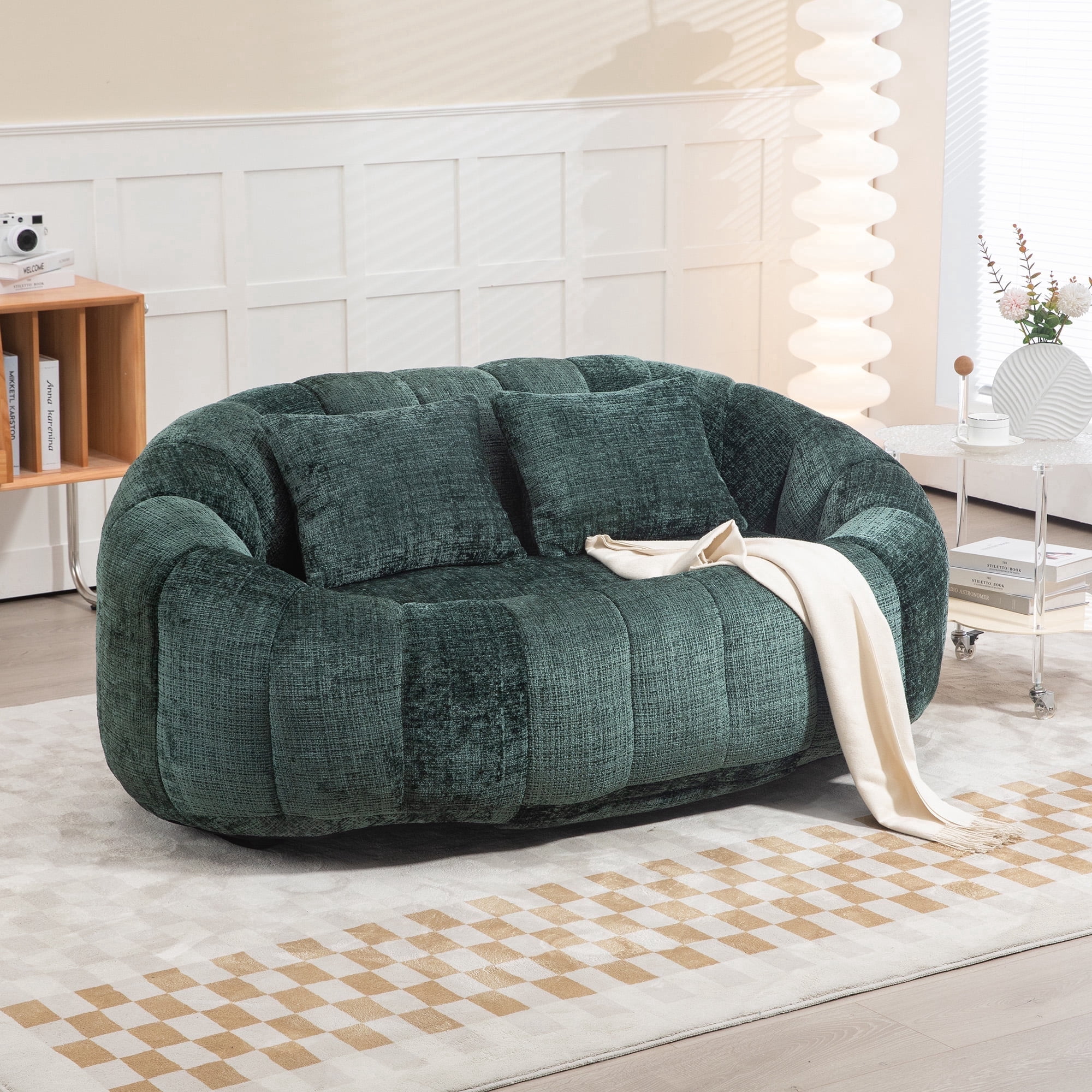 59''W Chenille Loveseat Sofa Small Couch Oversized Bean Bag Chair, Modern Lounge Loveseat Sofa with 2 Pillows,Bean Bag Couch Floor Lazy Sofa for Living Room Bedroom Apartment (Emerald)