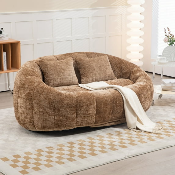 59''W Chenille Loveseat Sofa Small Couch Oversized Bean Bag Chair, Modern Lounge Loveseat Sofa with 2 Pillows,Bean Bag Couch Floor Lazy Sofa for Living Room Bedroom Apartment (Brown)